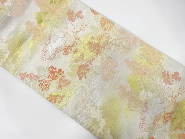 JAPANESE KIMONO / ANTIQUE FUKURO OBI / SILK / WOVEN SCENERY OF HOUSE